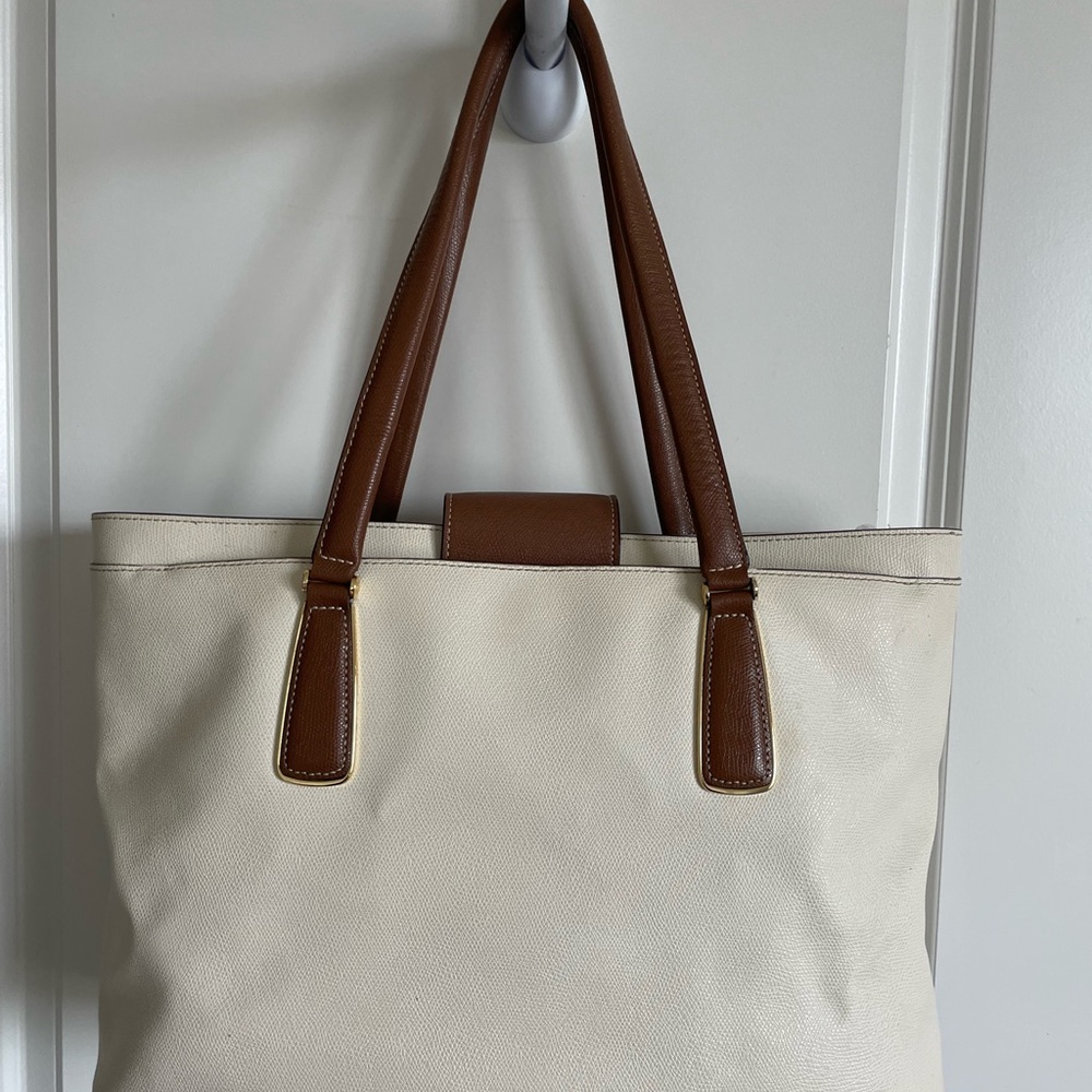 Tumi Cream and Brown Leather-Trim Tote Bag - Picture 11 of 16